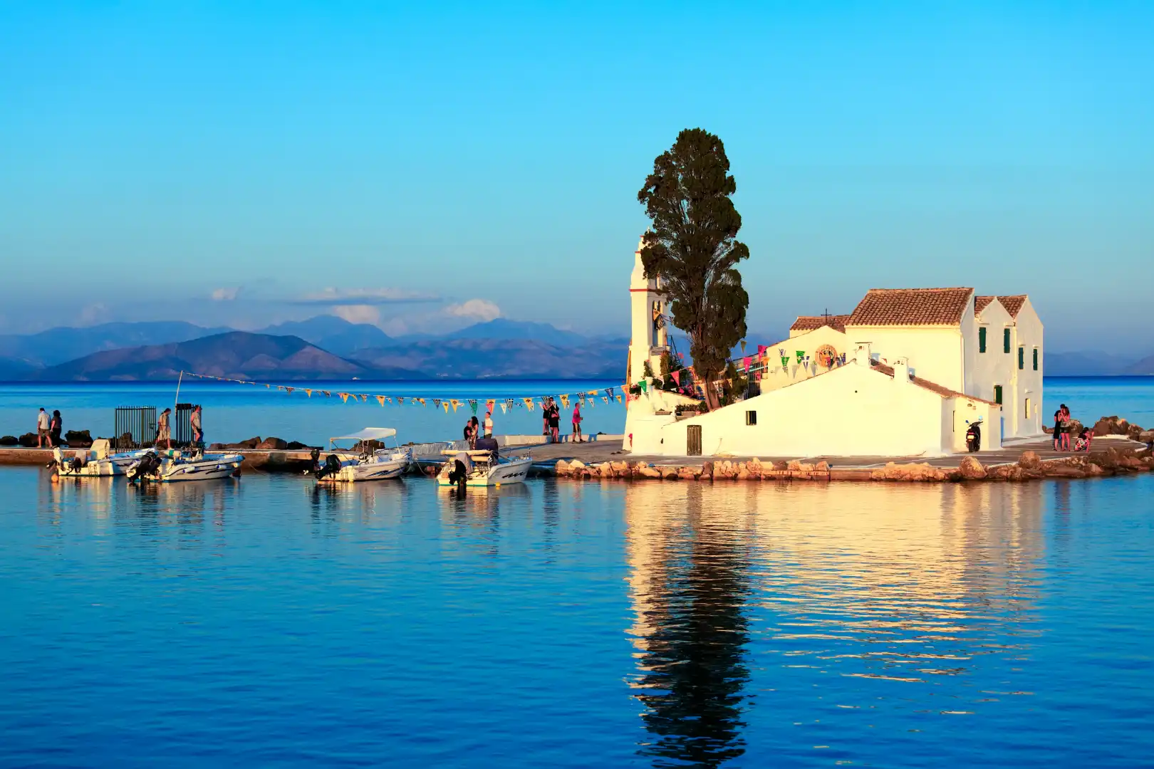 onian-islands-Sunset- of -Vlacherna -monastery-Kanoni- Corfu-Greece